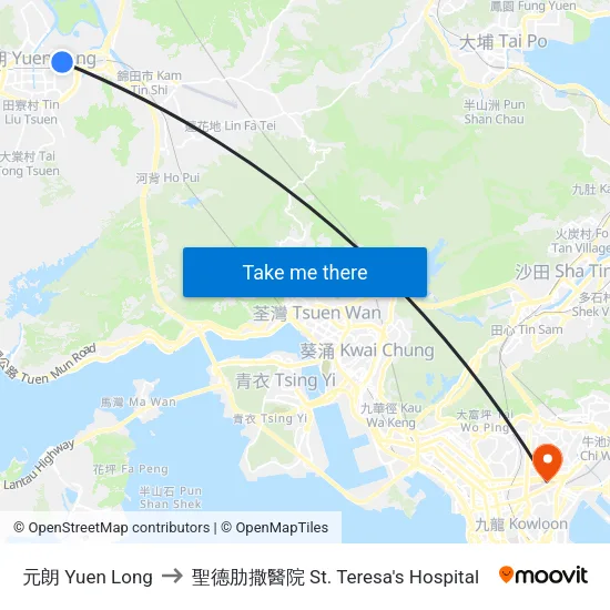 元朗 Yuen Long to 聖德肋撒醫院 St. Teresa's Hospital map