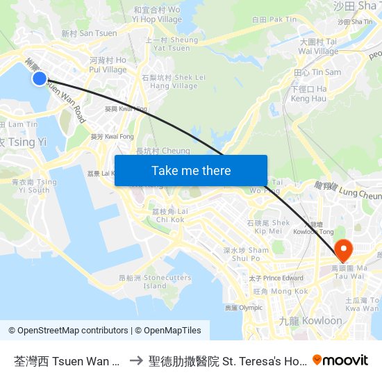 荃灣西 Tsuen Wan West to 聖德肋撒醫院 St. Teresa's Hospital map