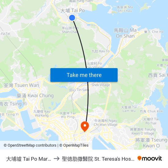 大埔墟 Tai Po Market to 聖德肋撒醫院 St. Teresa's Hospital map