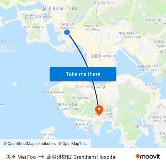 美孚 Mei Foo to 葛量洪醫院 Grantham Hospital map