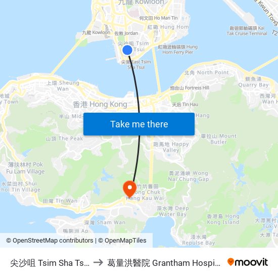 尖沙咀 Tsim Sha Tsui to 葛量洪醫院 Grantham Hospital map