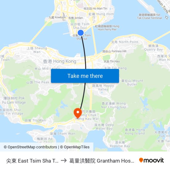 尖東 East Tsim Sha Tsui to 葛量洪醫院 Grantham Hospital map