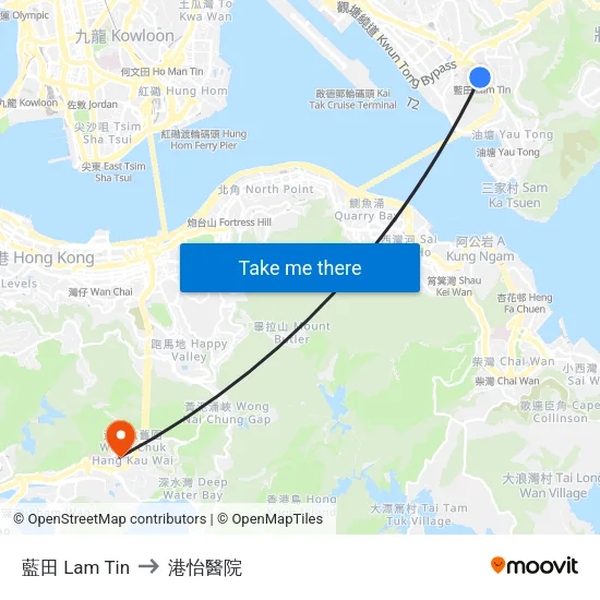 藍田 Lam Tin to 港怡醫院 map