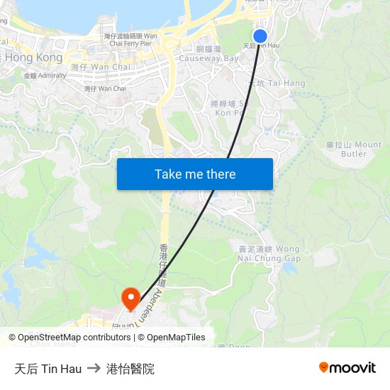 天后 Tin Hau to 港怡醫院 map