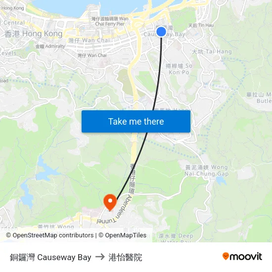 銅鑼灣 Causeway Bay to 港怡醫院 map