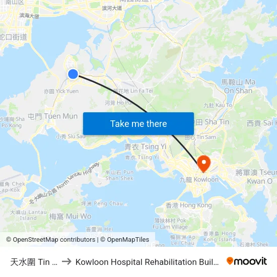 天水圍 Tin Shui Wai to Kowloon Hospital Rehabilitation Building (九龍醫院復康大樓) map