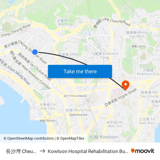 長沙灣 Cheung Sha Wan to Kowloon Hospital Rehabilitation Building (九龍醫院復康大樓) map