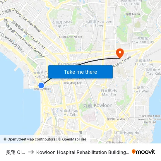奧運 Olympic to Kowloon Hospital Rehabilitation Building (九龍醫院復康大樓) map
