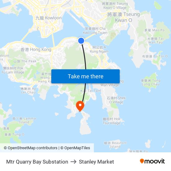 Mtr Quarry Bay Substation to Stanley Market map