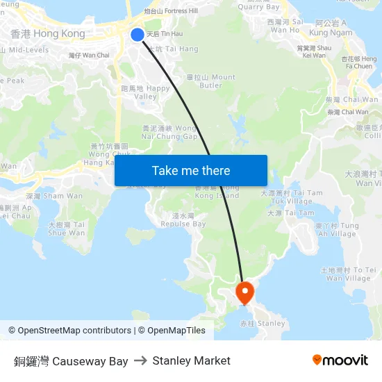 Causeway Bay to Stanley Market map