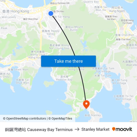 銅鑼灣總站 Causeway Bay Terminus to Stanley Market map