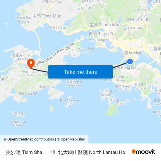 尖沙咀 Tsim Sha Tsui to 北大嶼山醫院 North Lantau Hospital map