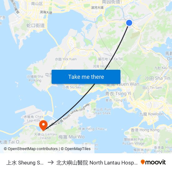 上水 Sheung Shui to 北大嶼山醫院 North Lantau Hospital map