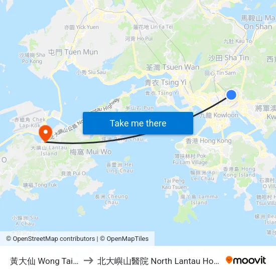 黃大仙 Wong Tai Sin to 北大嶼山醫院 North Lantau Hospital map