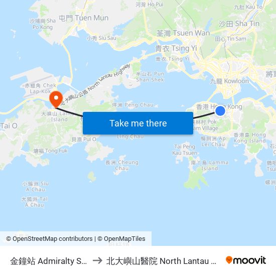 金鐘站 Admiralty Station to 北大嶼山醫院 North Lantau Hospital map