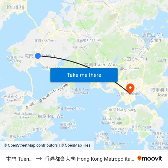 屯門 Tuen Mun to 香港都會大學 Hong Kong Metropolitan University map