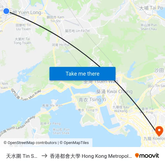 天水圍 Tin Shui Wai to 香港都會大學 Hong Kong Metropolitan University map