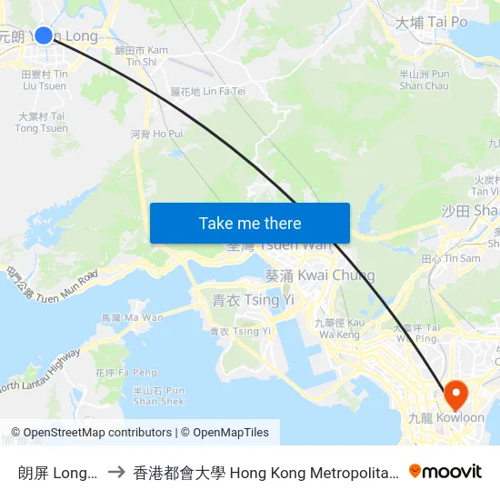 朗屏 Long Ping to 香港都會大學 Hong Kong Metropolitan University map