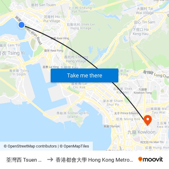 荃灣西 Tsuen Wan West to 香港都會大學 Hong Kong Metropolitan University map