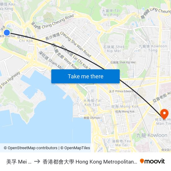 美孚 Mei Foo to 香港都會大學 Hong Kong Metropolitan University map