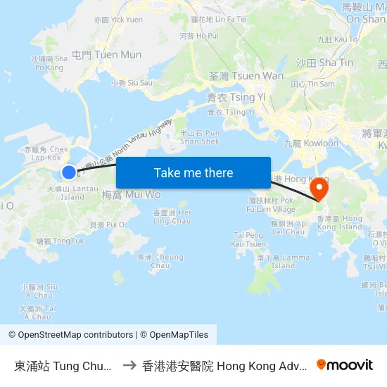 東涌站 Tung Chung Station to 香港港安醫院 Hong Kong Adventist Hospital map