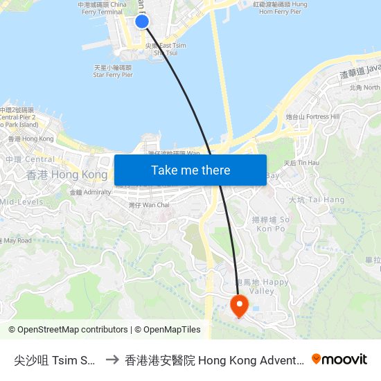 尖沙咀 Tsim Sha Tsui to 香港港安醫院 Hong Kong Adventist Hospital map