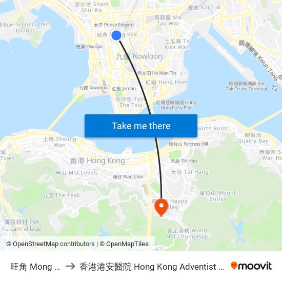 旺角 Mong Kok to 香港港安醫院 Hong Kong Adventist Hospital map