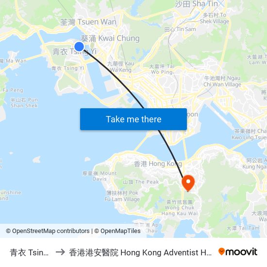 青衣 Tsing Yi to 香港港安醫院 Hong Kong Adventist Hospital map