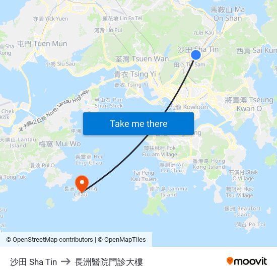 沙田 Sha Tin to 長洲醫院門診大樓 map