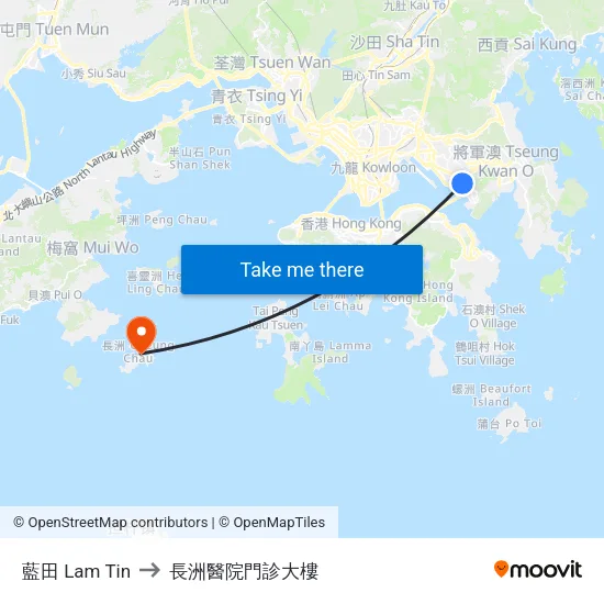 藍田 Lam Tin to 長洲醫院門診大樓 map