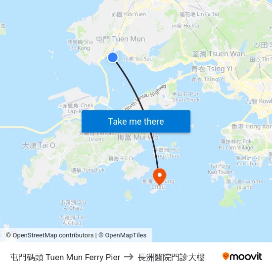 屯門碼頭 Tuen Mun Ferry Pier to 長洲醫院門診大樓 map
