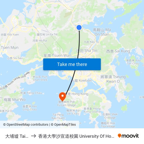 大埔墟 Tai Po Market to 香港大學沙宣道校園 University Of Hong Kong Sassoon Road Campus map