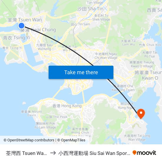 荃灣西 Tsuen Wan West to 小西灣運動場 Siu Sai Wan Sports Ground map