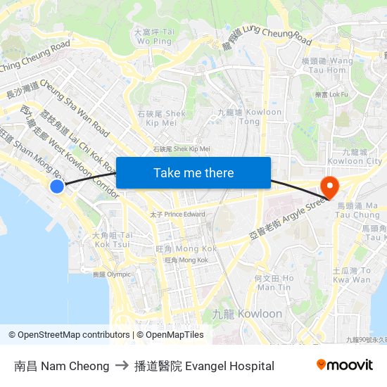 南昌 Nam Cheong to 播道醫院 Evangel Hospital map