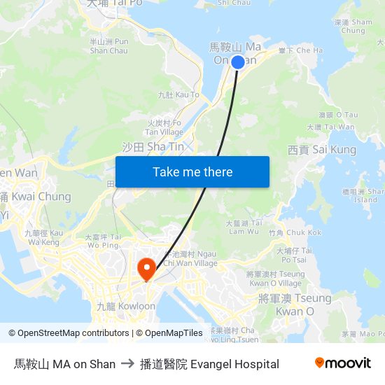 馬鞍山 MA on Shan to 播道醫院 Evangel Hospital map