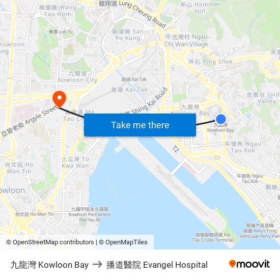 九龍灣 Kowloon Bay to 播道醫院 Evangel Hospital map