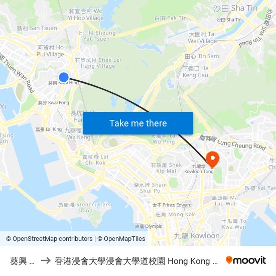 葵興 Kwai Hing to 香港浸會大學浸會大學道校園 Hong Kong Baptist University Baptist University Road Campus map