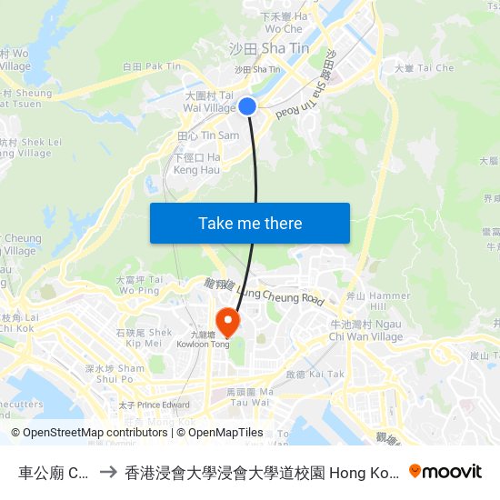 車公廟 Che Kung Temple to 香港浸會大學浸會大學道校園 Hong Kong Baptist University Baptist University Road Campus map