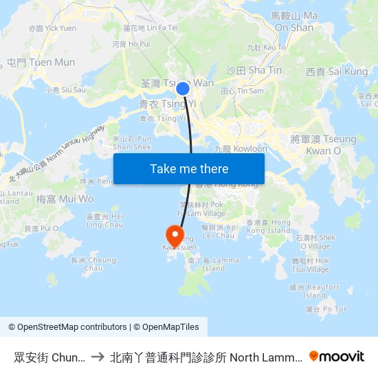 眾安街 Chung on Street to 北南丫普通科門診診所 North Lamma General Out-Patient Clinic map