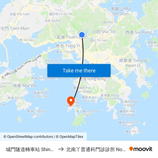 城門隧道轉車站 Shing Mun Tunnels Bus Interchange to 北南丫普通科門診診所 North Lamma General Out-Patient Clinic map