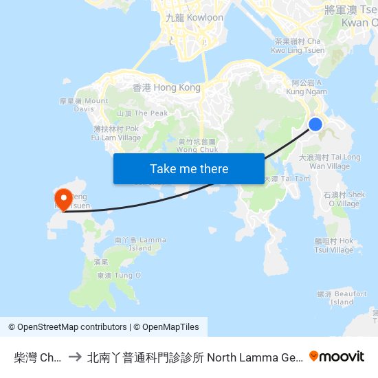 柴灣 Chai Wan to 北南丫普通科門診診所 North Lamma General Out-Patient Clinic map