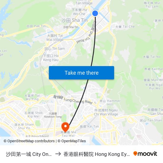 沙田第一城 City One Shatin to 香港眼科醫院 Hong Kong Eye Hospital map