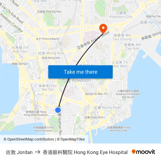 佐敦 Jordan to 香港眼科醫院 Hong Kong Eye Hospital map