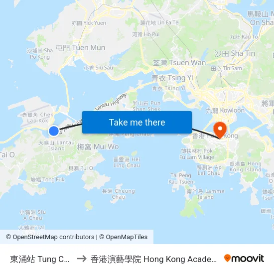 東涌站 Tung Chung Station to 香港演藝學院 Hong Kong Academy For Performing Arts map