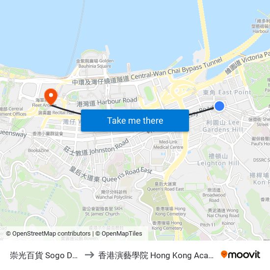 崇光百貨 Sogo Department Store to 香港演藝學院 Hong Kong Academy For Performing Arts map