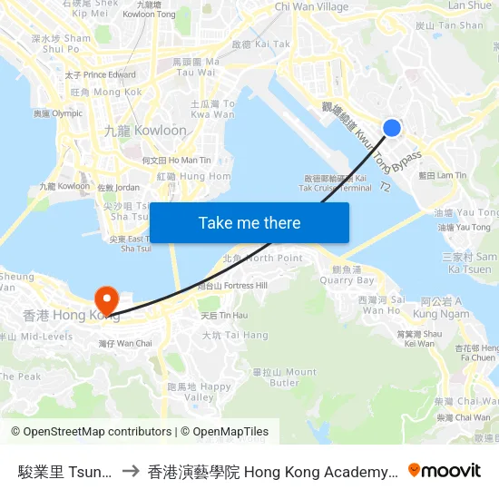 駿業里 Tsun Yip Lane to 香港演藝學院 Hong Kong Academy For Performing Arts map