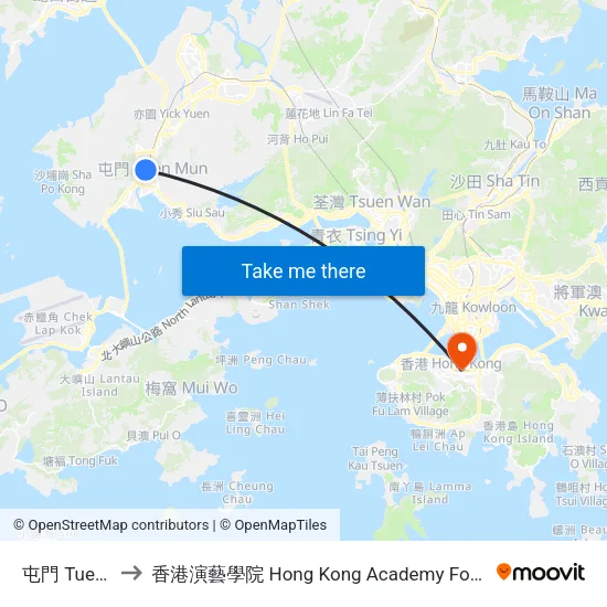 屯門 Tuen Mun to 香港演藝學院 Hong Kong Academy For Performing Arts map