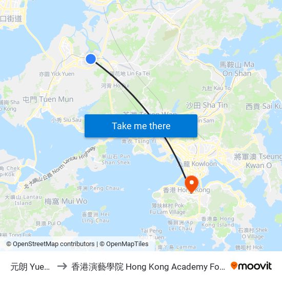 元朗 Yuen Long to 香港演藝學院 Hong Kong Academy For Performing Arts map