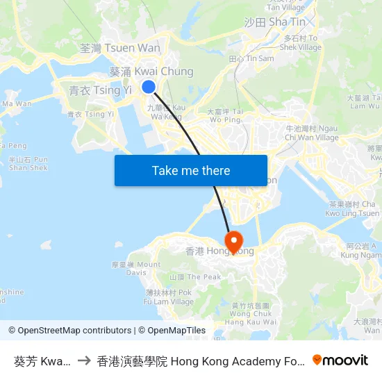 葵芳 Kwai Fong to 香港演藝學院 Hong Kong Academy For Performing Arts map