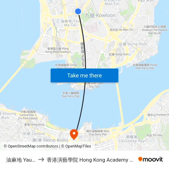 油麻地 Yau MA Tei to 香港演藝學院 Hong Kong Academy For Performing Arts map